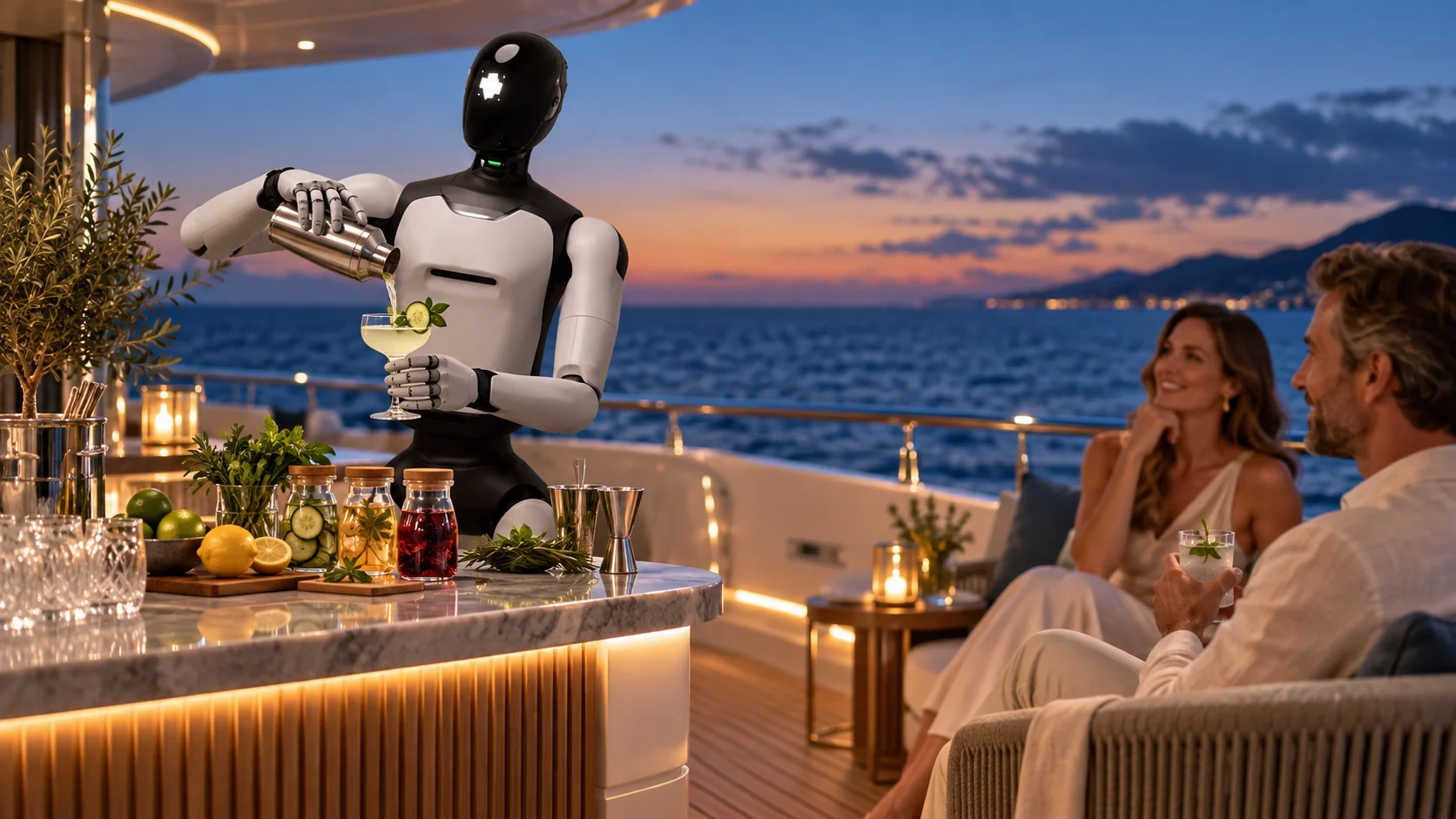 Humanoid service robot preparing an alcohol-free botanical drink at an outdoor superyacht bar during sunset