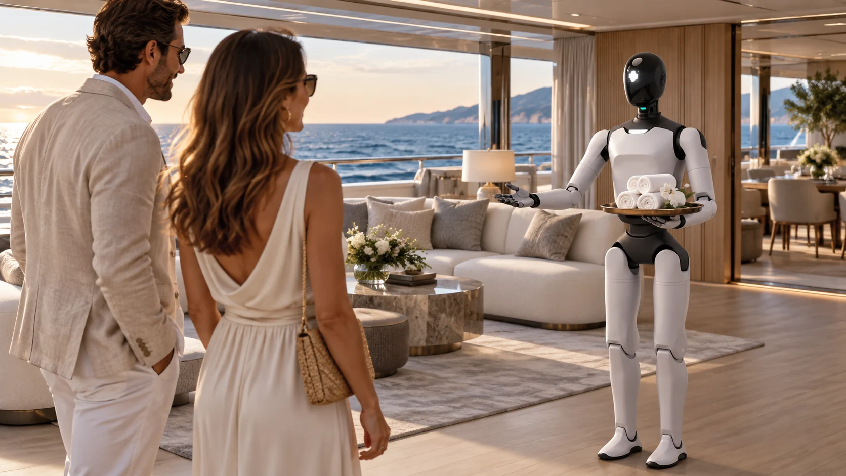 Humanoid service robot greeting two adult yacht guests with a tray of warm towels inside a modern yacht salon